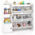 Costway Kids Toy Storage and Bookshelf, Wooden Bookcase with 4 Small Boxes & 4 Large Boxes Gray/White
