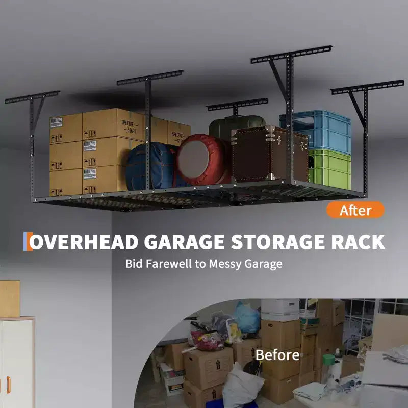 Heavy-Duty Overhead Garage Storage Rack  Ceiling Mounted Steel Shelving System (600LBS Capacity, Adjustable Height, 1-Pack)