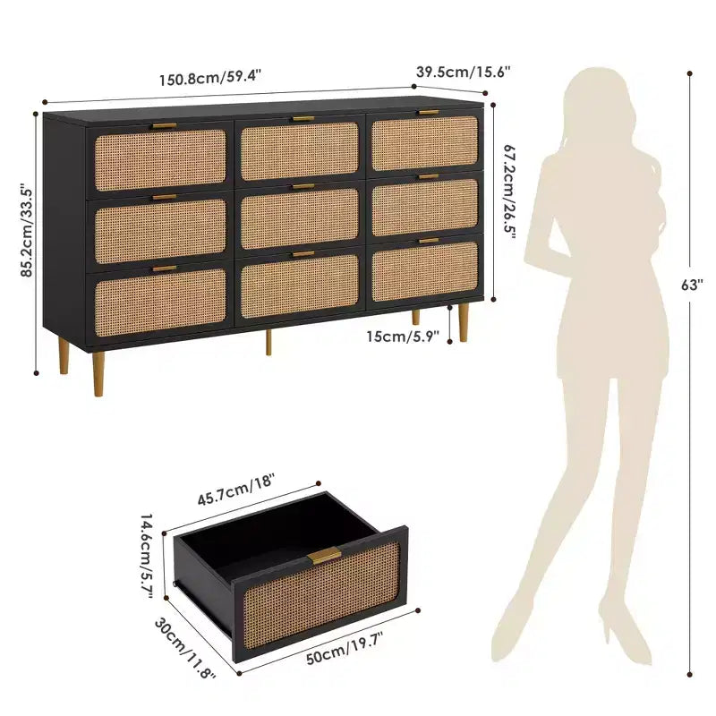 Rattan chest of drawers for the bedroom, large-capacity drawer cabinets for the wardrobe, suitable for the living room, hallway, and children's room.