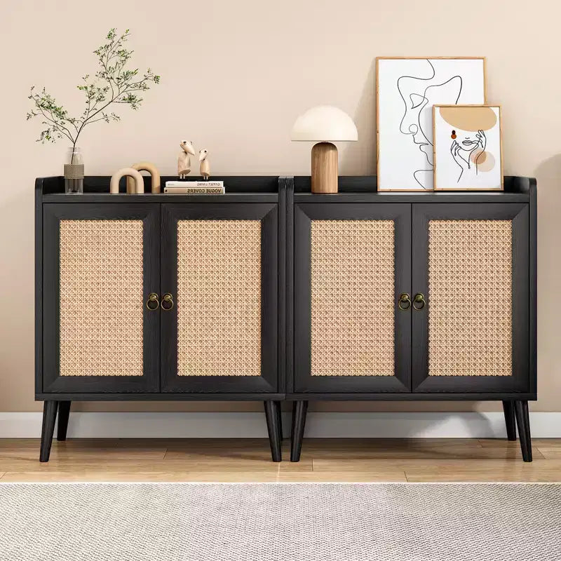 JVNOXK Sideboard Buffet Cabinet with Storage, Bar Liquor Cabinet with Rattan Decorated Doors, Credenza Console Tablefor -Black