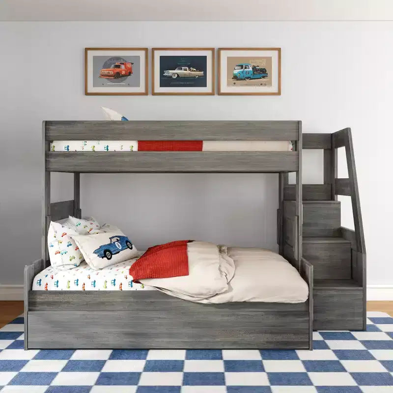 Modern Farmhouse Twin Over Full Bunk Bed With Staircase and Trundle