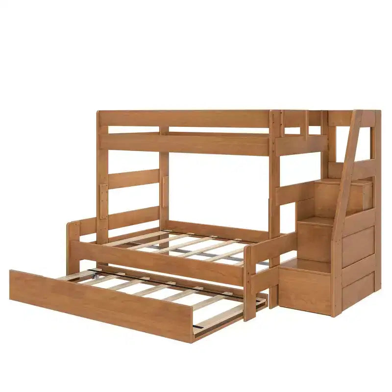 Modern Farmhouse Twin Over Full Bunk Bed With Staircase and Trundle