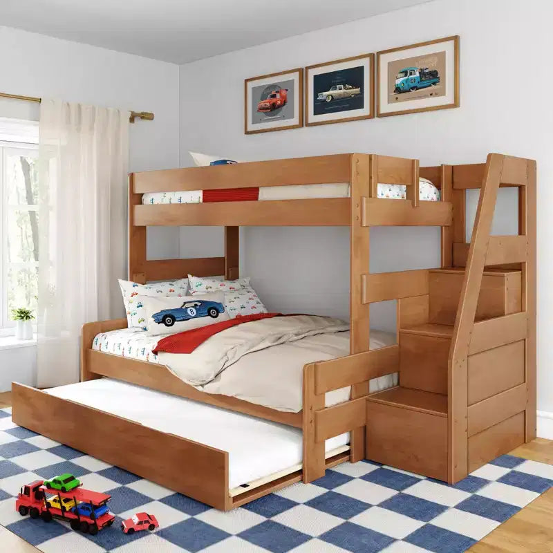 Modern Farmhouse Twin Over Full Bunk Bed With Staircase and Trundle