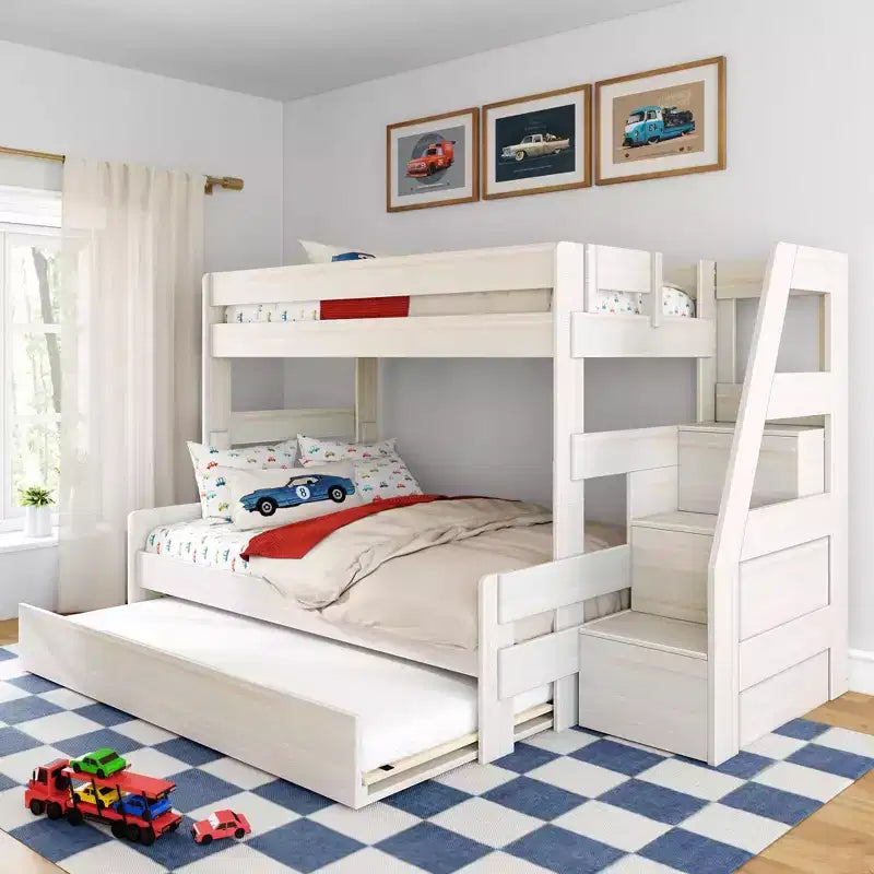 Modern Farmhouse Twin Over Full Bunk Bed With Staircase and Trundle