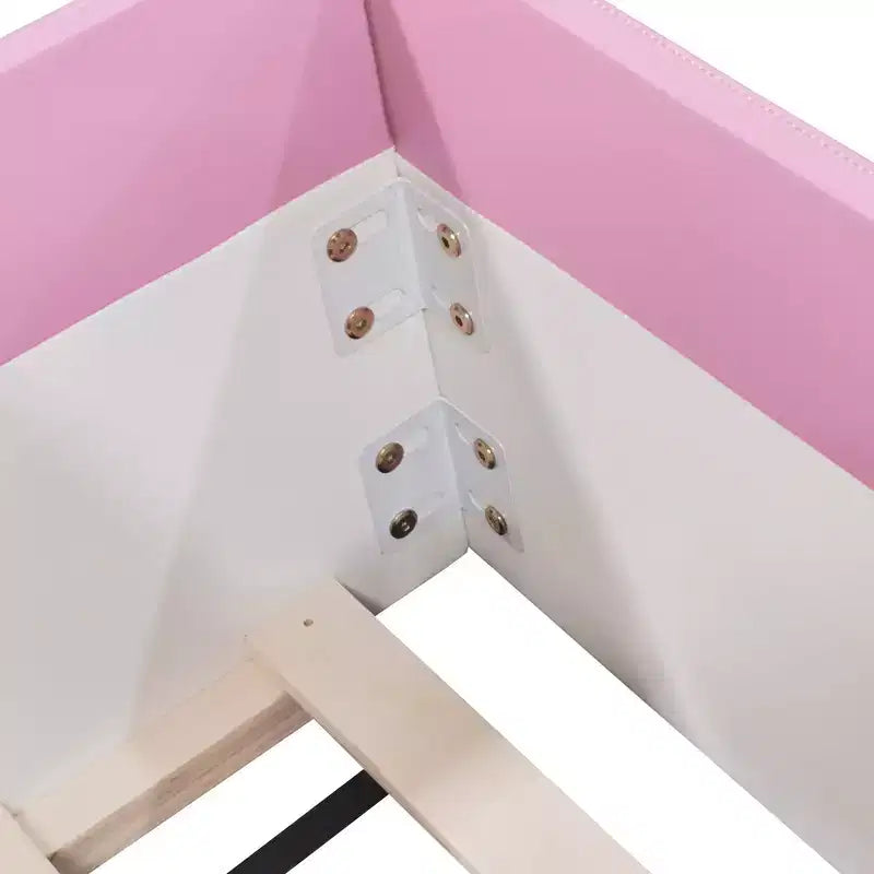 Twin/King Upholstered Daybed Frame with Fence and Stairs, Montessori Kids Floor Bed with Sturdy Slat Support, Pink+White