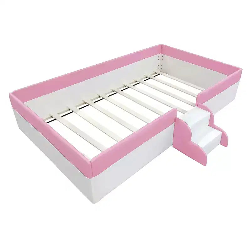 Twin/King Upholstered Daybed Frame with Fence and Stairs, Montessori Kids Floor Bed with Sturdy Slat Support, Pink+White