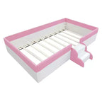 Twin/King Upholstered Daybed Frame with Fence and Stairs, Montessori Kids Floor Bed with Sturdy Slat Support, Pink+White