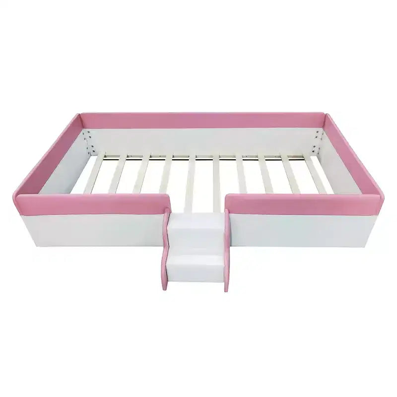Twin/King Upholstered Daybed Frame with Fence and Stairs, Montessori Kids Floor Bed with Sturdy Slat Support, Pink+White