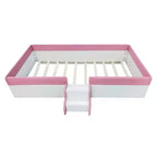 Twin/King Upholstered Daybed Frame with Fence and Stairs, Montessori Kids Floor Bed with Sturdy Slat Support, Pink+White