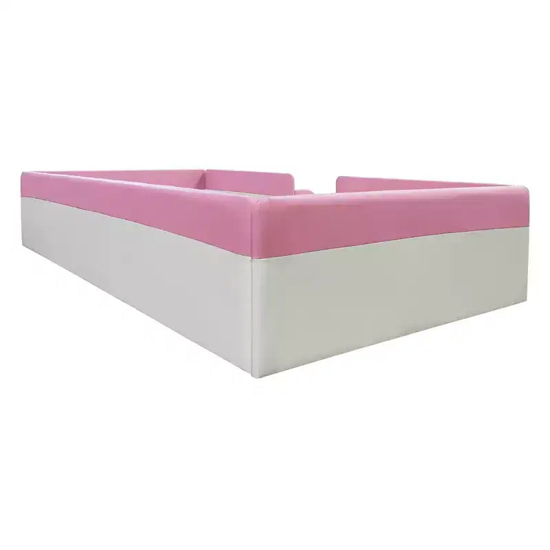 Twin/King Upholstered Daybed Frame with Fence and Stairs, Montessori Kids Floor Bed with Sturdy Slat Support, Pink+White