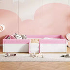 Twin/King Upholstered Daybed Frame with Fence and Stairs, Montessori Kids Floor Bed with Sturdy Slat Support, Pink+White