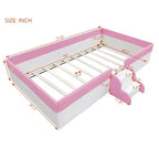 Twin/King Upholstered Daybed Frame with Fence and Stairs, Montessori Kids Floor Bed with Sturdy Slat Support, Pink+White