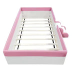 Twin/King Upholstered Daybed Frame with Fence and Stairs, Montessori Kids Floor Bed with Sturdy Slat Support, Pink+White