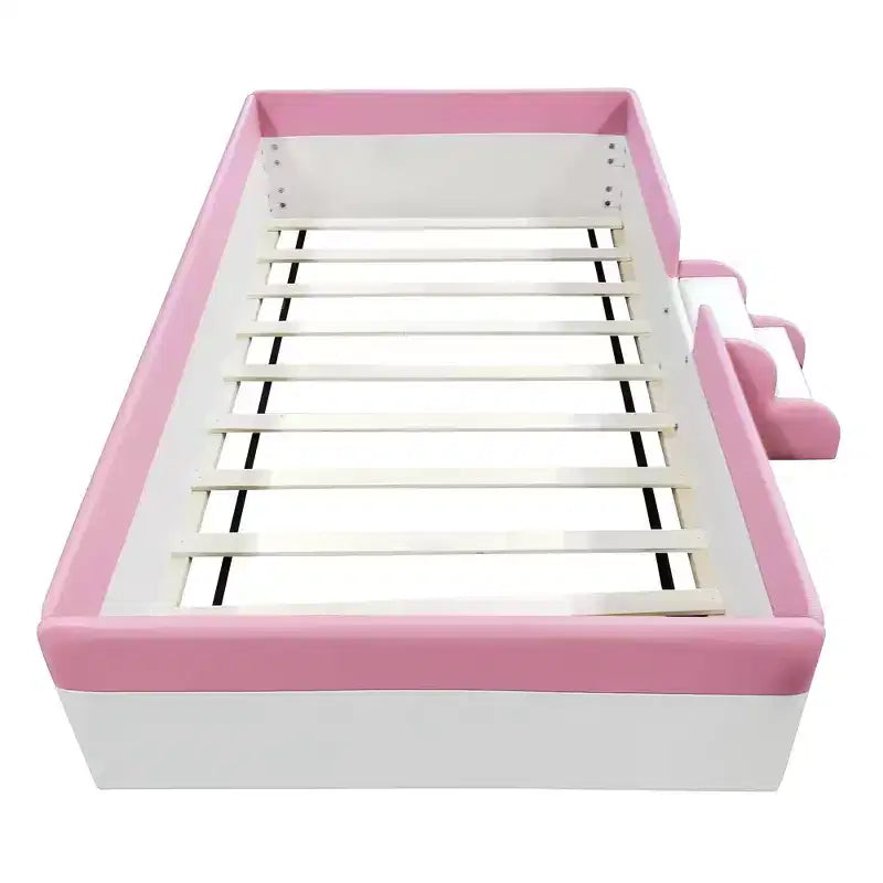 Twin/King Upholstered Daybed Frame with Fence and Stairs, Montessori Kids Floor Bed with Sturdy Slat Support, Pink+White