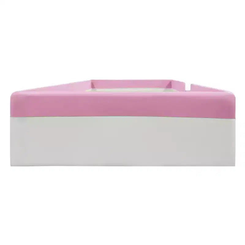 Twin/King Upholstered Daybed Frame with Fence and Stairs, Montessori Kids Floor Bed with Sturdy Slat Support, Pink+White