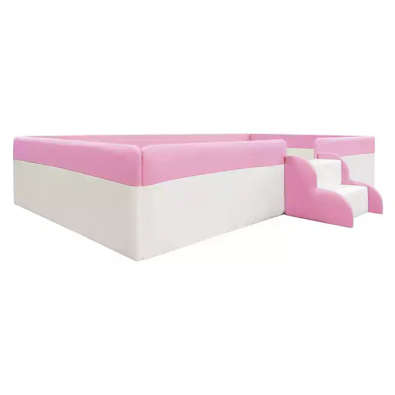 Twin/King Upholstered Daybed Frame with Fence and Stairs, Montessori Kids Floor Bed with Sturdy Slat Support, Pink+White