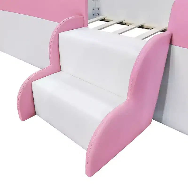 Twin/King Upholstered Daybed Frame with Fence and Stairs, Montessori Kids Floor Bed with Sturdy Slat Support, Pink+White