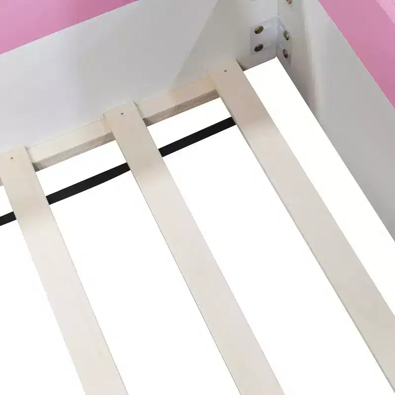 Twin/King Upholstered Daybed Frame with Fence and Stairs, Montessori Kids Floor Bed with Sturdy Slat Support, Pink+White