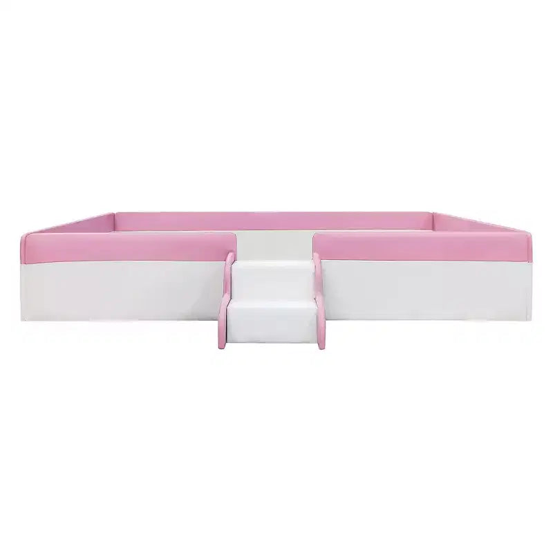 Twin/King Upholstered Daybed Frame with Fence and Stairs, Montessori Kids Floor Bed with Sturdy Slat Support, Pink+White