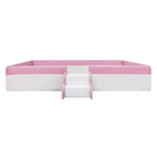 Twin/King Upholstered Daybed Frame with Fence and Stairs, Montessori Kids Floor Bed with Sturdy Slat Support, Pink+White