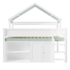 Whisen Full Size Loft Bed, House-Inspired Design with Canopy Roof and Storage Cabinet