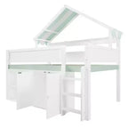Whisen Full Size Loft Bed, House-Inspired Design with Canopy Roof and Storage Cabinet