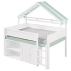 Whisen Full Size Loft Bed, House-Inspired Design with Canopy Roof and Storage Cabinet