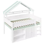 Whisen Full Size Loft Bed, House-Inspired Design with Canopy Roof and Storage Cabinet