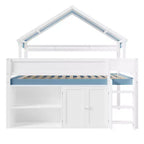 Whisen Full Size Loft Bed, House-Inspired Design with Canopy Roof and Storage Cabinet