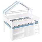 Whisen Full Size Loft Bed, House-Inspired Design with Canopy Roof and Storage Cabinet