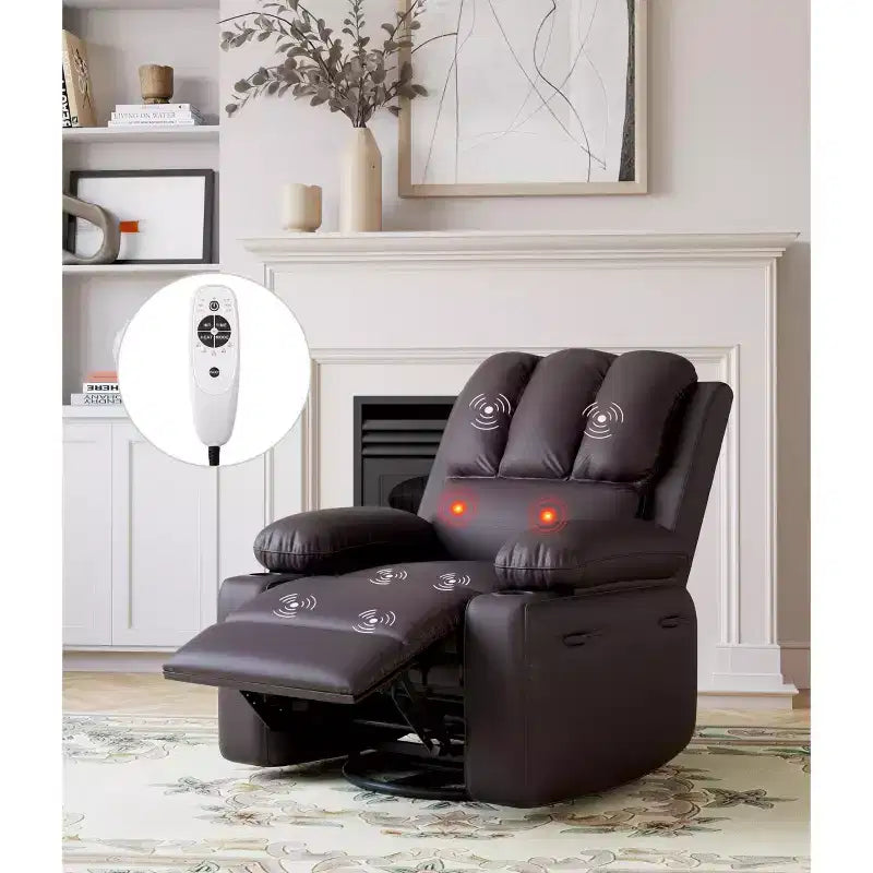 Oversized Padded Swivel Rocking Recliner Chair with Heat and Massage  Comfy Faux Leather Swivel Rocker Reclining Single Sofa for Adults