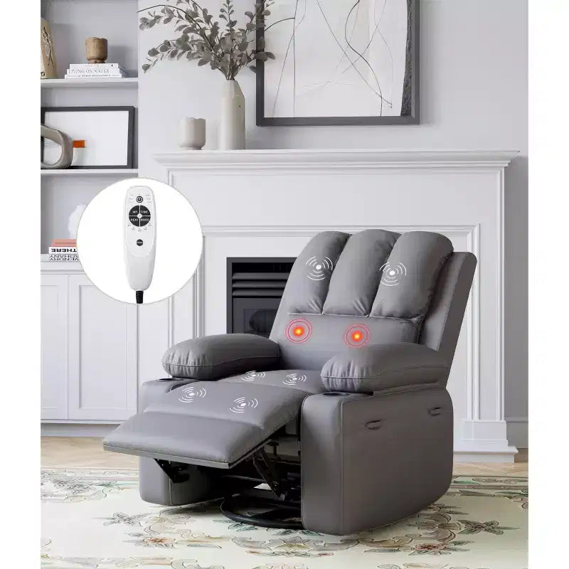 Oversized Padded Swivel Rocking Recliner Chair with Heat and Massage  Comfy Faux Leather Swivel Rocker Reclining Single Sofa for Adults