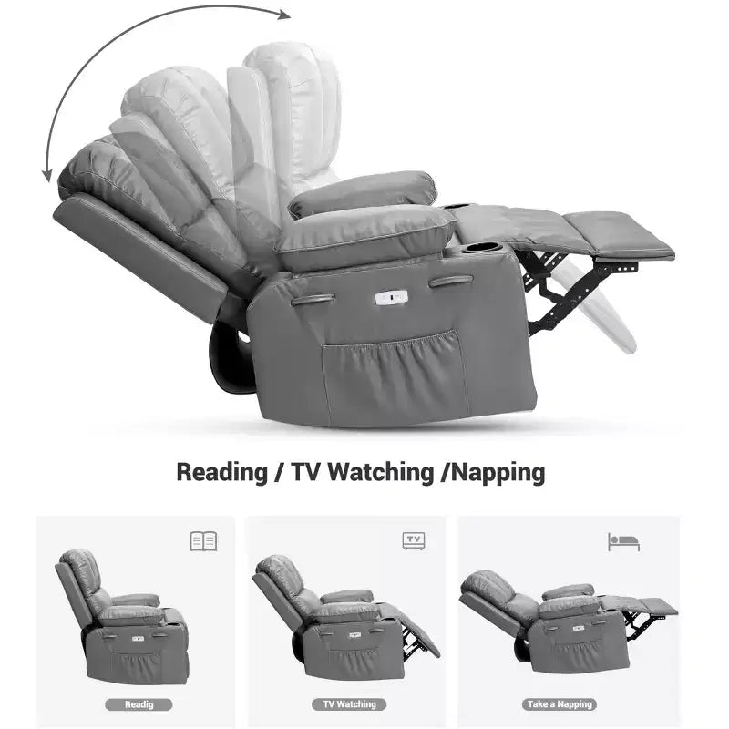 Oversized Padded Swivel Rocking Recliner Chair with Heat and Massage  Comfy Faux Leather Swivel Rocker Reclining Single Sofa for Adults