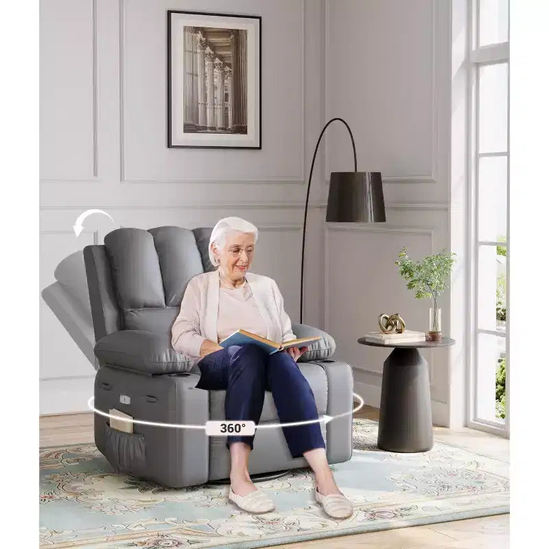 Oversized Padded Swivel Rocking Recliner Chair with Heat and Massage  Comfy Faux Leather Swivel Rocker Reclining Single Sofa for Adults