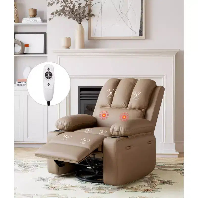 Oversized Padded Swivel Rocking Recliner Chair with Heat and Massage  Comfy Faux Leather Swivel Rocker Reclining Single Sofa for Adults