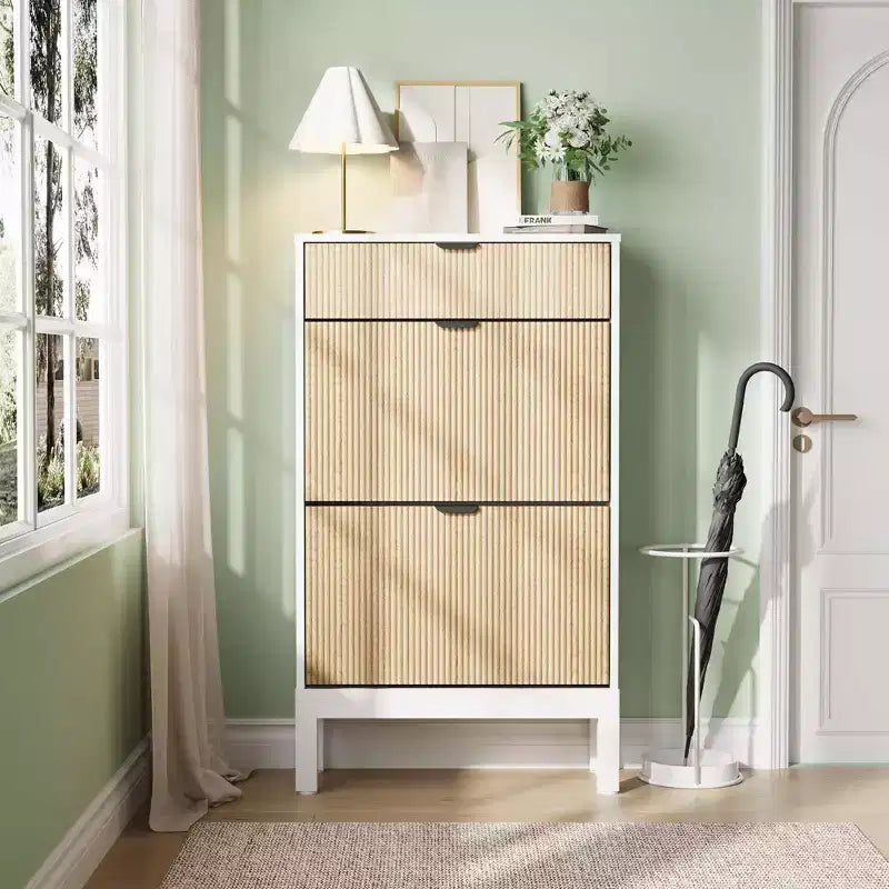 2 Flip Drawers,Freestanding Hidden Slim Narrow Shoe Rack for Entryway, Shoe Storage Cabinet