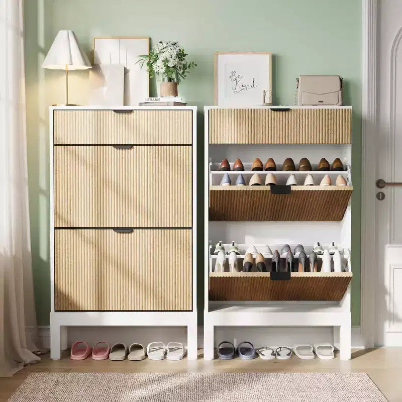 2 Flip Drawers,Freestanding Hidden Slim Narrow Shoe Rack for Entryway, Shoe Storage Cabinet