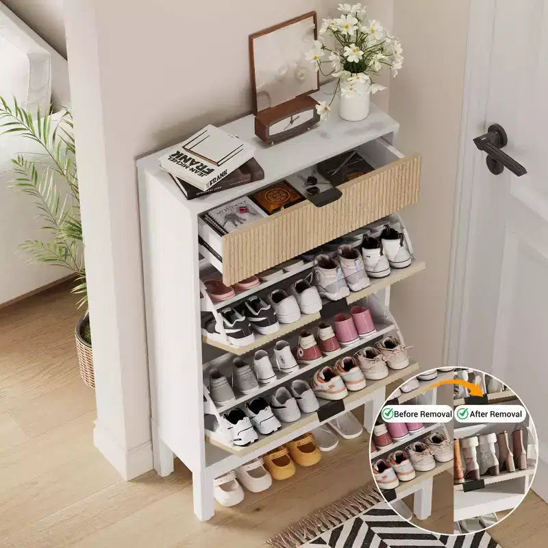 2 Flip Drawers,Freestanding Hidden Slim Narrow Shoe Rack for Entryway, Shoe Storage Cabinet