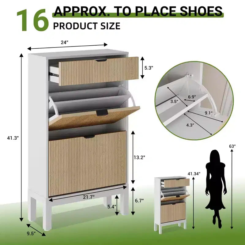 2 Flip Drawers,Freestanding Hidden Slim Narrow Shoe Rack for Entryway, Shoe Storage Cabinet