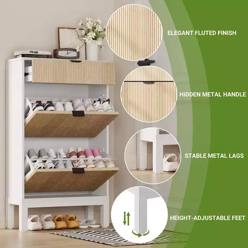 2 Flip Drawers,Freestanding Hidden Slim Narrow Shoe Rack for Entryway, Shoe Storage Cabinet