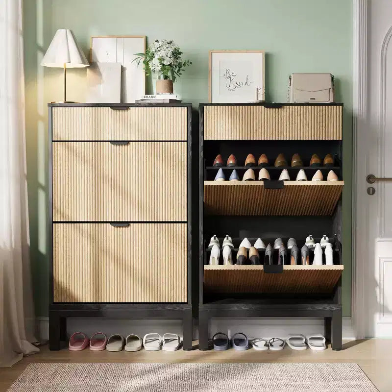 2 Flip Drawers,Freestanding Hidden Slim Narrow Shoe Rack for Entryway, Shoe Storage Cabinet