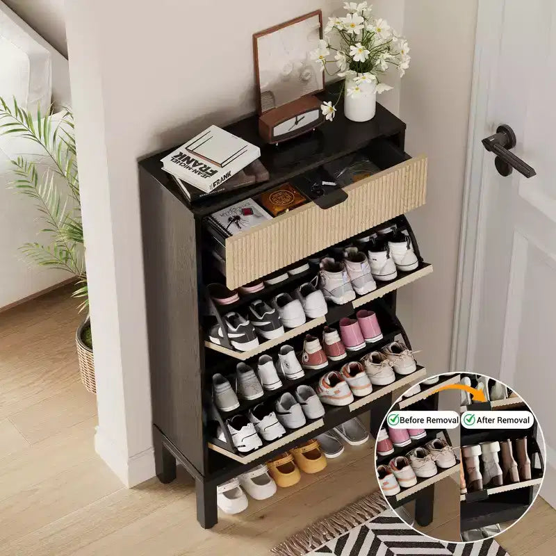 2 Flip Drawers,Freestanding Hidden Slim Narrow Shoe Rack for Entryway, Shoe Storage Cabinet