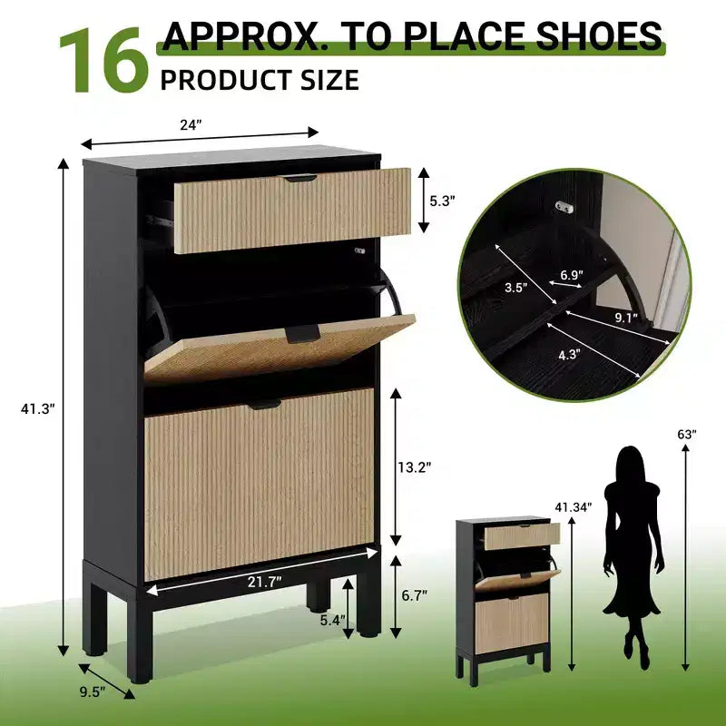 2 Flip Drawers,Freestanding Hidden Slim Narrow Shoe Rack for Entryway, Shoe Storage Cabinet