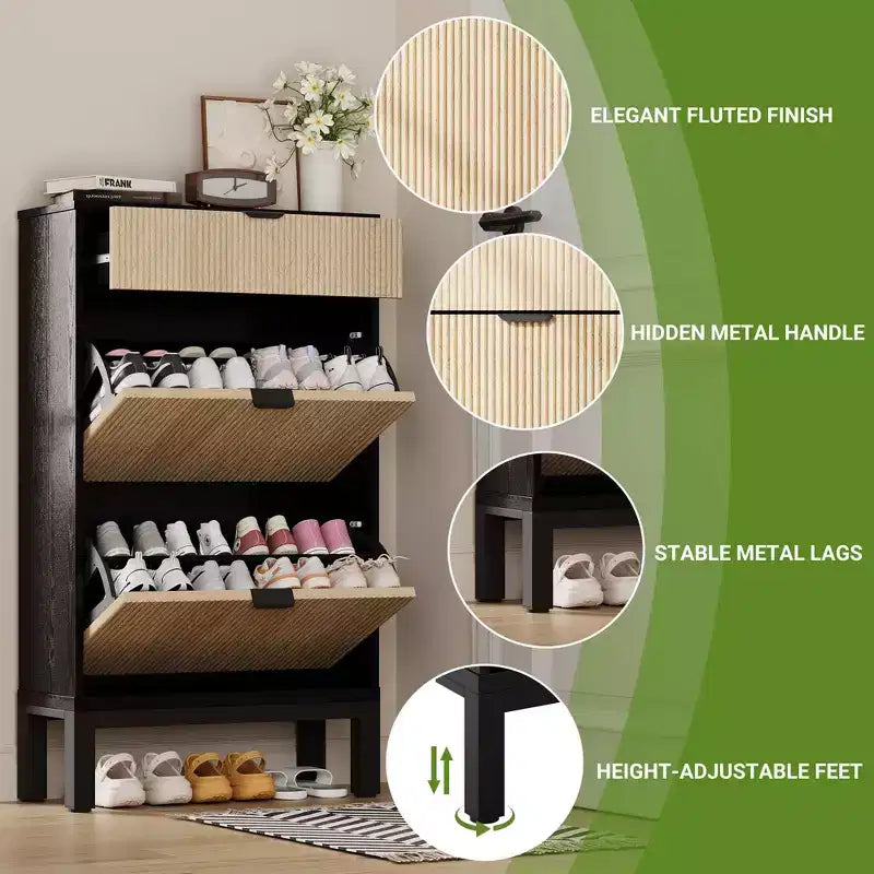 2 Flip Drawers,Freestanding Hidden Slim Narrow Shoe Rack for Entryway, Shoe Storage Cabinet