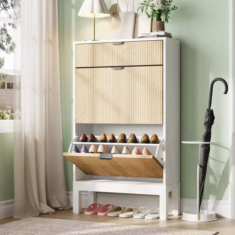 2 Flip Drawers,Freestanding Hidden Slim Narrow Shoe Rack for Entryway, Shoe Storage Cabinet