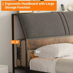 Platform Bed Frame with Upholstered Headboard, Charging Station, Durable Metal Frame, Noiseless, No Spring Mattress Required, Easy to Assemble