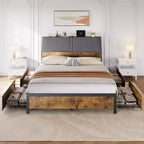 Platform Bed Frame with Upholstered Headboard, Charging Station, Durable Metal Frame, Noiseless, No Spring Mattress Required, Easy to Assemble