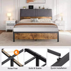 Platform Bed Frame with Upholstered Headboard, Charging Station, Durable Metal Frame, Noiseless, No Spring Mattress Required, Easy to Assemble