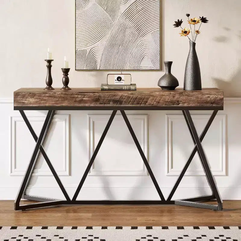 Lantine 55 Console Tables for Entryway, Industrial Wooden Sofa Table, Entryway Furniture with Geometric Metal Base for Living Room, Hallway