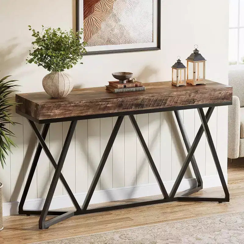 Lantine 55 Console Tables for Entryway, Industrial Wooden Sofa Table, Entryway Furniture with Geometric Metal Base for Living Room, Hallway